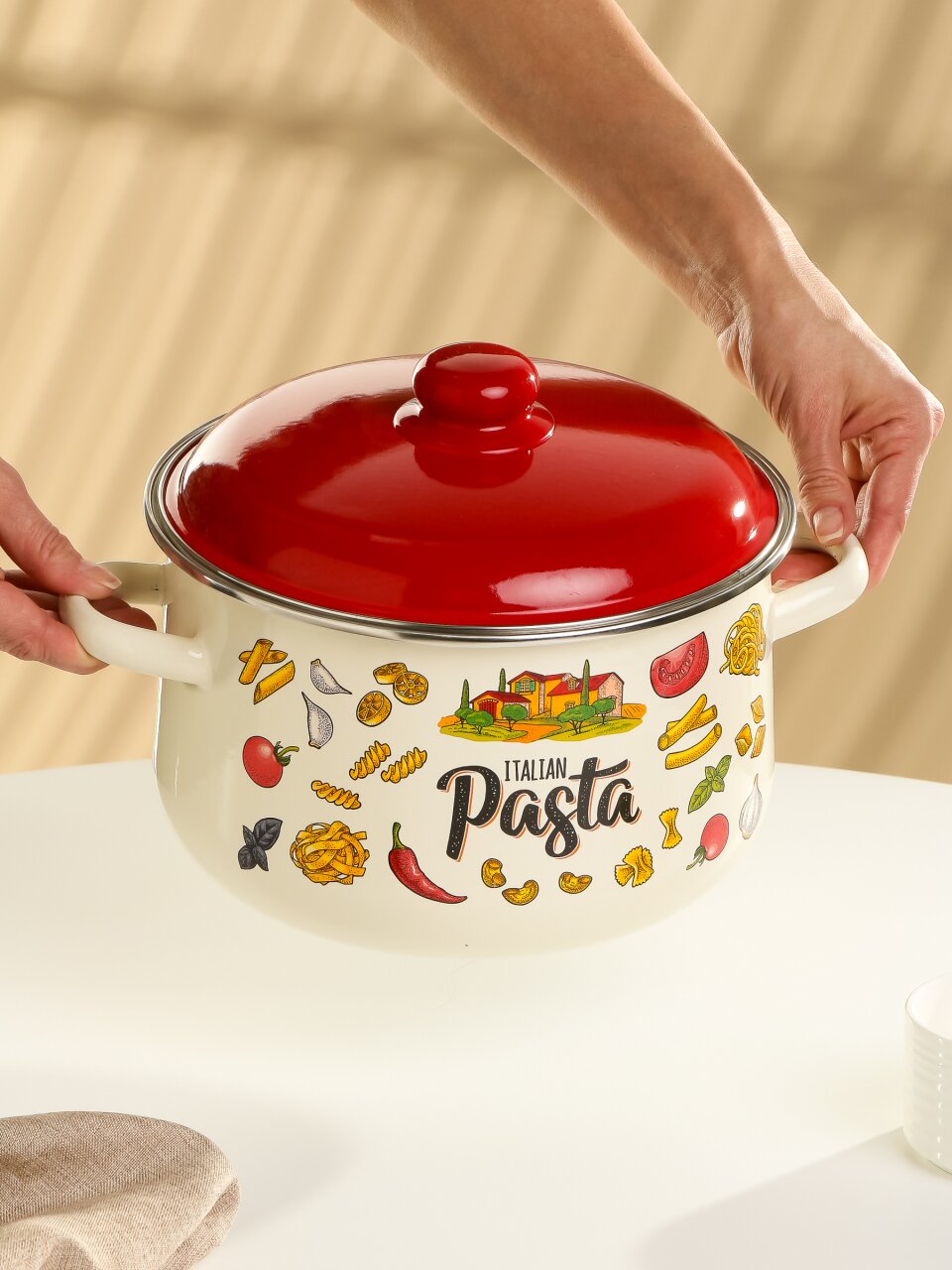 Кастрюля эмалированная сталь, 5.5 л, крышка сталь, коническая, Appetite, Pasta Italian, 1с47я, индукция