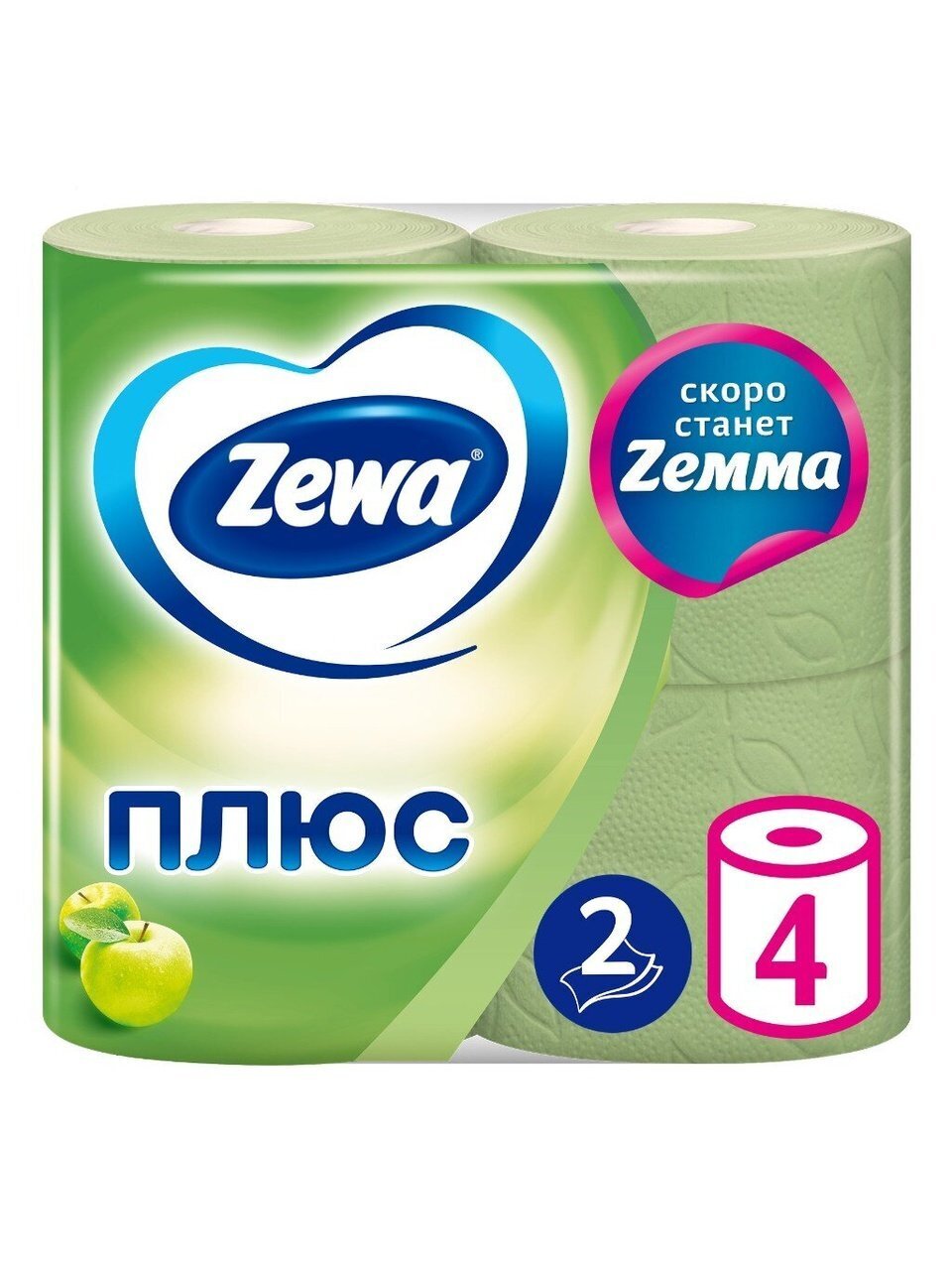 Туалетная бумага Zewa, Яблоко, 2 слоя, 4 шт, 23 м, с втулкой, зеленая