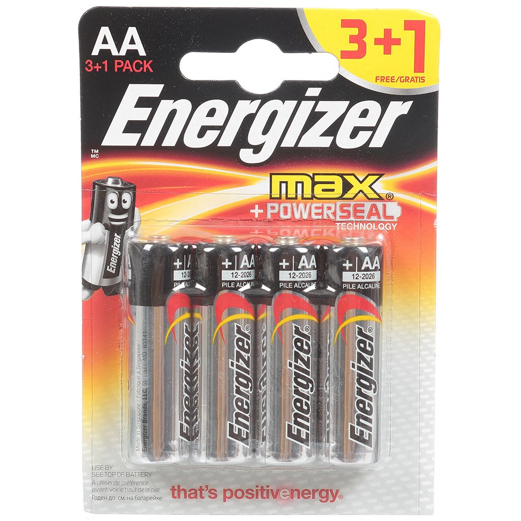 Батарейка Energizer, АА (LR06, LR6), Alkaline Max+PowerSeal 3+1, алкалиновая, 1.5 В, блистер, 4 шт