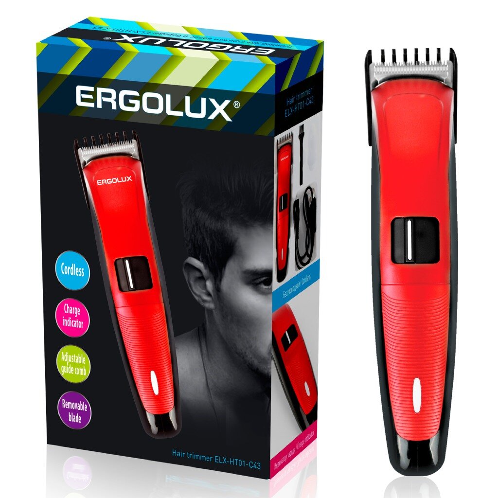 Триммер для бороды и усов аккумуляторный, 5 Вт, красный, Ergolux ELX-HT01-C43