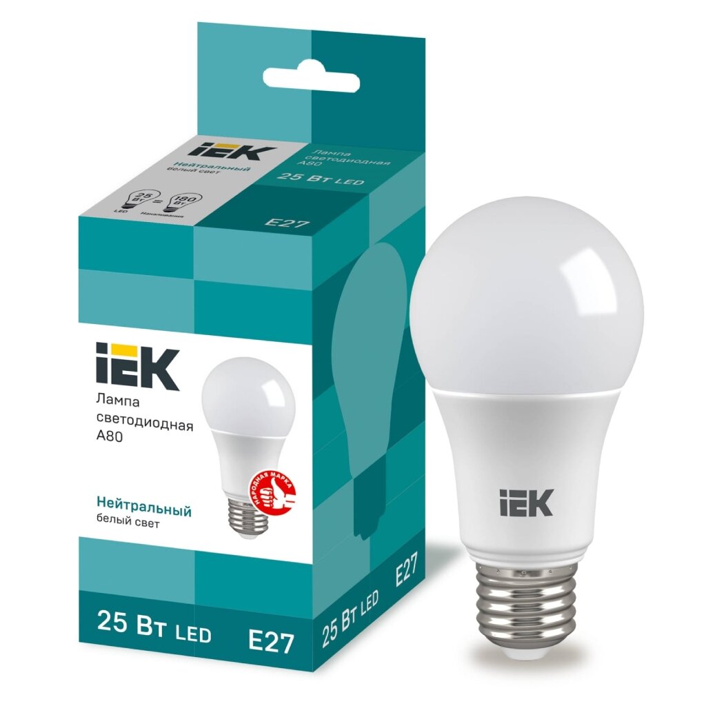 Лампа светодиодная E27, 25 Вт, 100 Вт, 230 В, груша, 4000 К, свет нейтральный белый, IEK, A80, LED