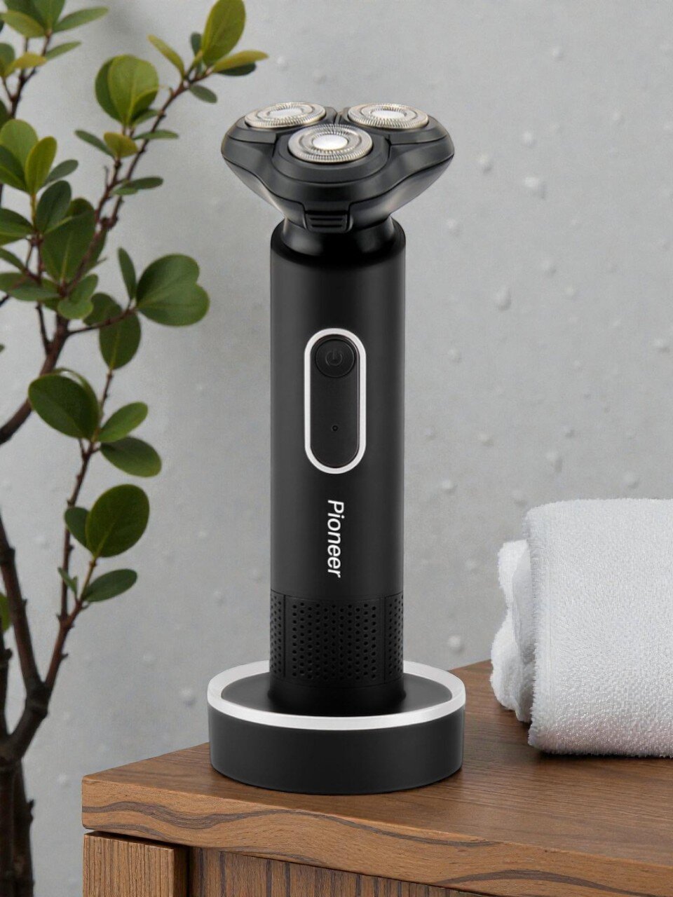 Электробритва аккумуляторная, Pioneer, BS002, роторная, сухое/влажное бритье, 3 Вт, 0.6 А.ч, 3 бритвенные головки, черная