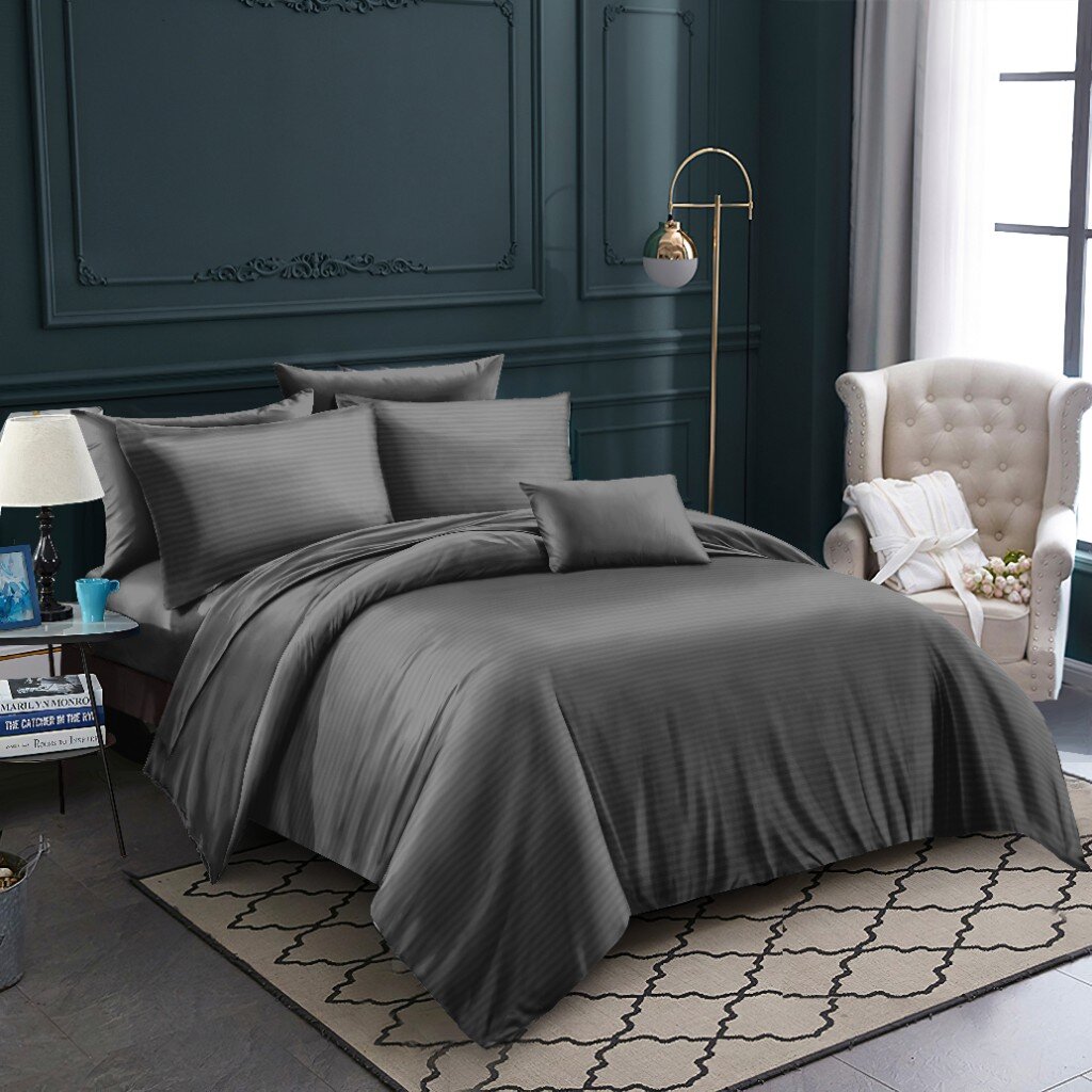 Постельное белье евро, простыня 220х240 см, 2 наволочки 70х70 см, пододеяльник 200х220 см, Майская ночь, страйп-полисатин, серое, 30/004-PSS/MAY