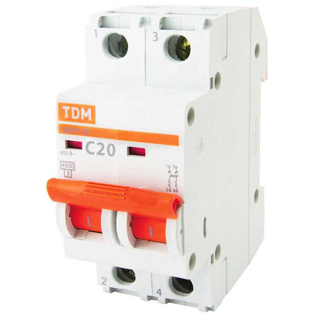 Автоматический выключатель TDM Electric, ВА47-29, 2 полюса, 20, 4.5 кА, С, SQ0206-0094