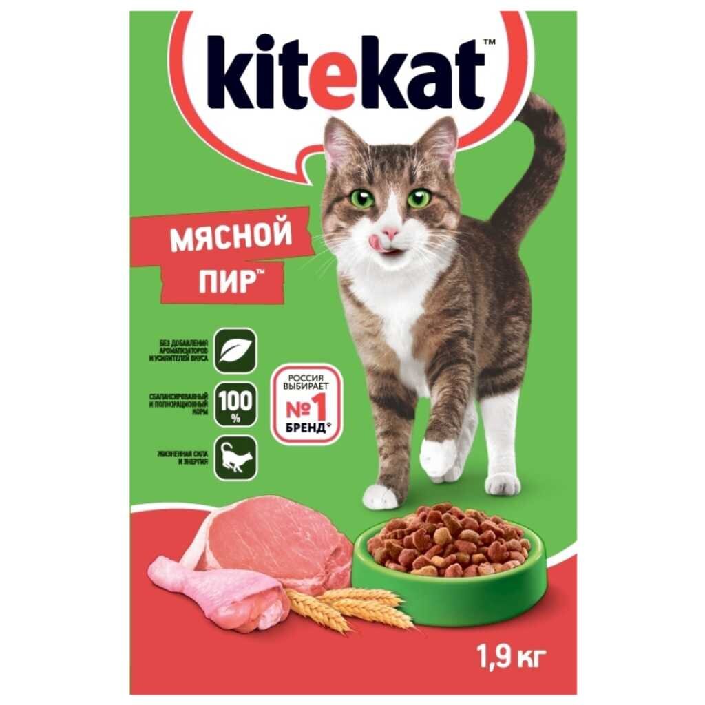 Корм для животных Kitekat, 1900 г, для взрослых кошек, сухой, мясной пир, пакет, 10132142