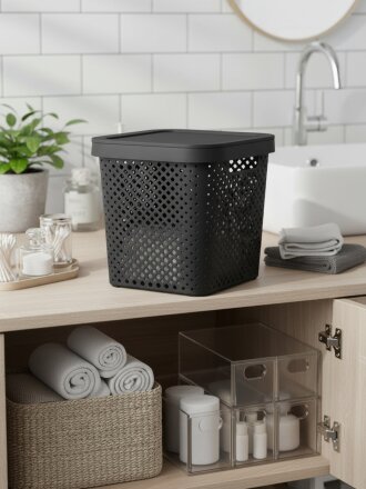 Корзина для хранения, 20 л, 31х31х30 см, квадратная, плетеная, пластик, с крышкой, Plast team, Black, PT500811621