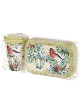 Набор посуды пластик, 0.85 л, 26.7х13х9.5 см, 2 шт, прямоугольный, ланч-бокс, стакан 420мл, с зеленой крышкой, с декором, Снегири