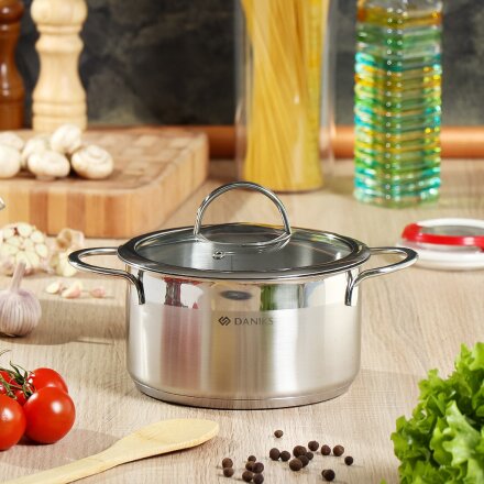 Кастрюля нержавеющая сталь, 2.5 л, крышка стекло, Daniks, Бонн, GS-01319-18CA, индукция