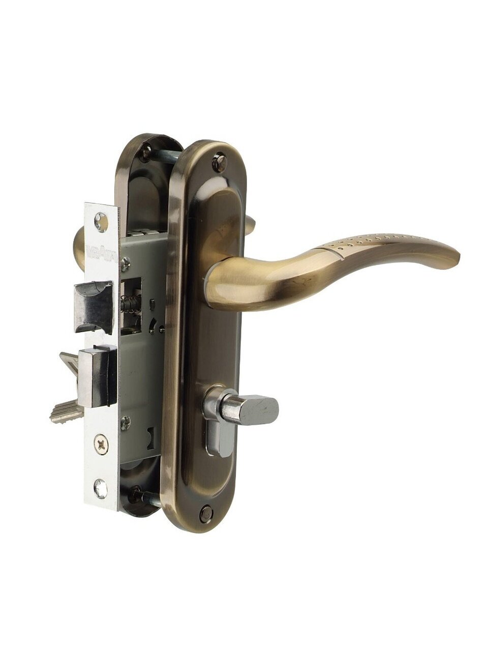 Замок врезной Vrata, 50/106-ЦМВ70, 210274, ручка в комплекте, цилиндровый, защелка, бронза