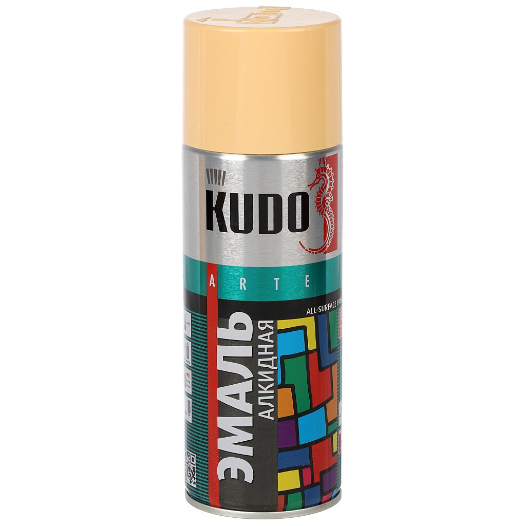 Эмаль аэрозольная, KUDO, KU-1009, универсальная, алкидная, глянцевая, бежевая, 520 мл эмаль аэрозольная kudo фосфорная зелёно жёлтый 0 21 л