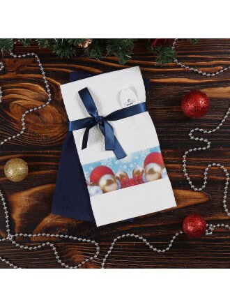 Набор полотенец кухонных 2 шт, 40х60 см, махровый и вафельный, 100% хлопок, Silvano, Новогодние игрушки, сине-белый, Турция