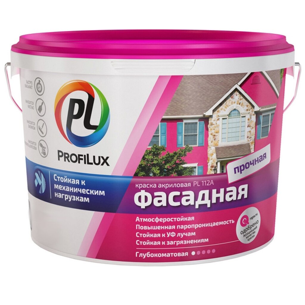 Краска воднодисперсионная, Profilux, PL-112A, акриловая, фасадная, моющаяся, влагостойкая, матовая, супербелая, 14 кг акриловая воднодисперсионная краска для фасадов и цоколей profilux