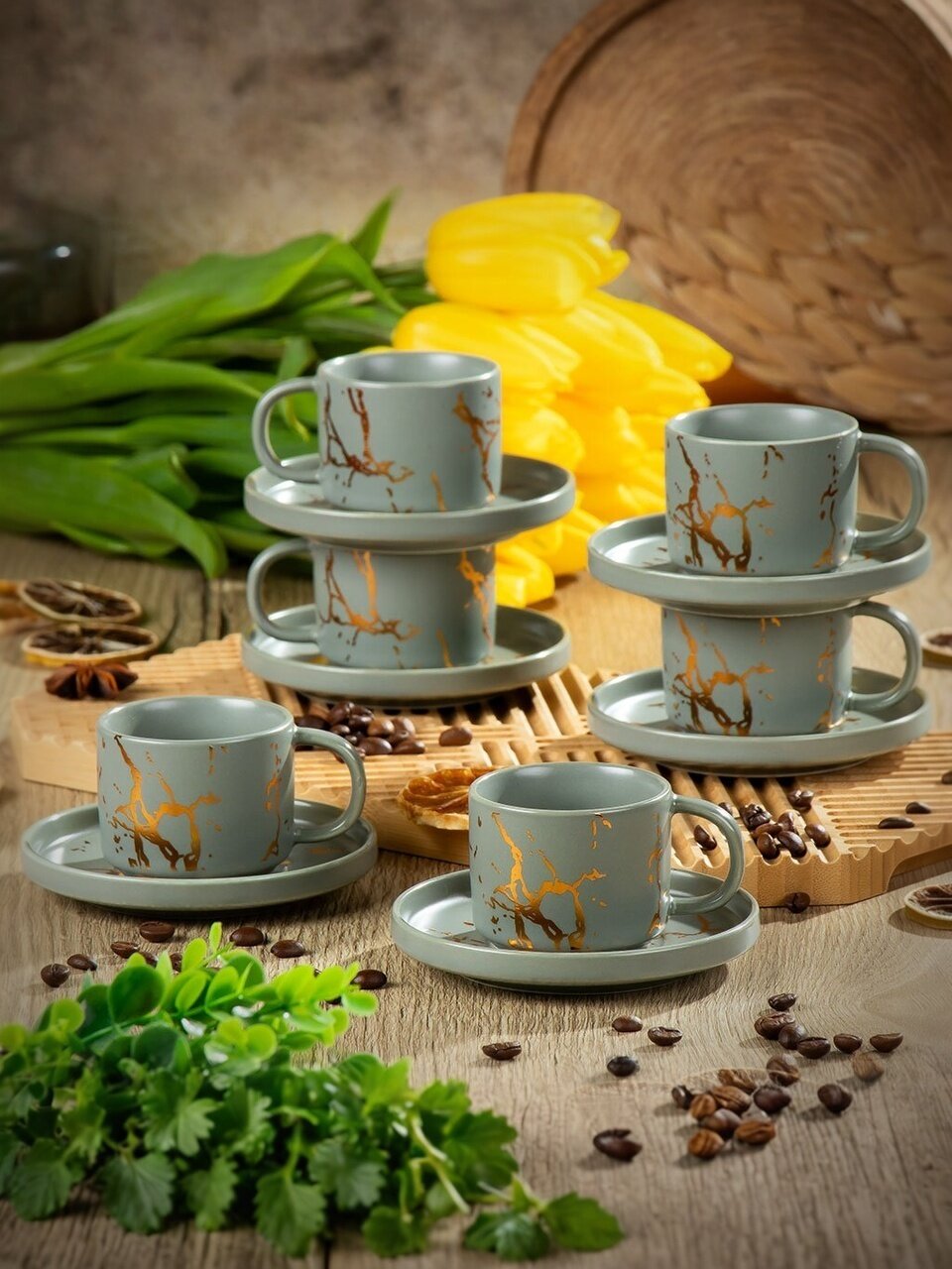 Набор кофейный керамика, 12 предметов, на 6 персон, 90 мл, Серый Мрамор, Y6-10145, подарочная упаковка