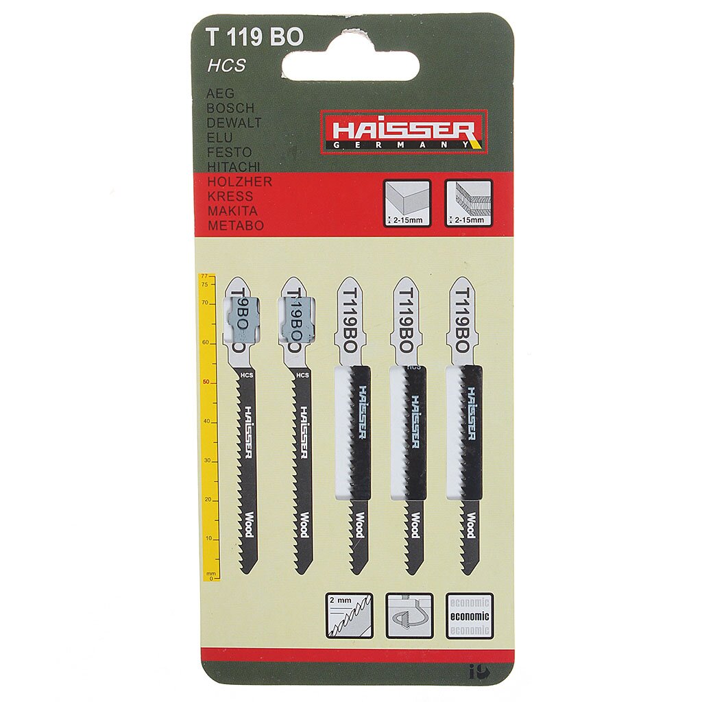 Набор пилок для электролобзика, Haisser, T119ВО, по дереву, 5 шт, криволинейный рез, 2-15 мм, HS118005 набор пилок для электролобзика haisser 3 шт керамика стекло hs118022