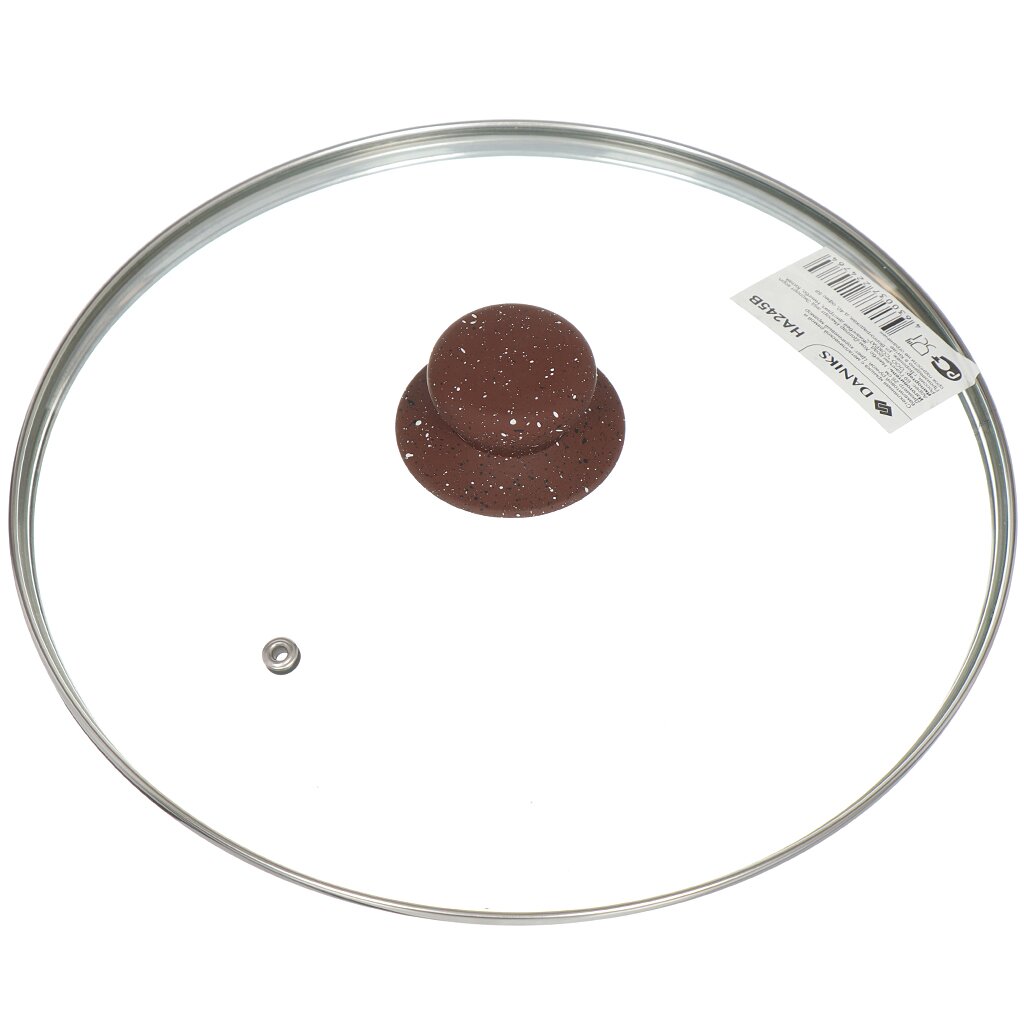 Крышка для посуды стекло, 26 см, Daniks, Коричневый Мрамор, металлический обод, кнопка бакелит, HA245B