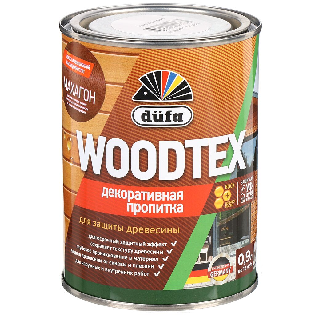 Пропитка Dufa, Woodtex, для дерева, защитная, махагон, 0.9 л пропитка dufa woodtex для дерева защитная рябина 0 9 л