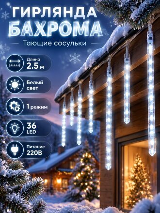 Гирлянда 36 ламп, 2.5 м, 1 режим, Сосульки, свет белый, прозрачная, на улице/в помещении, сетевая, LED, SYCLA-18046