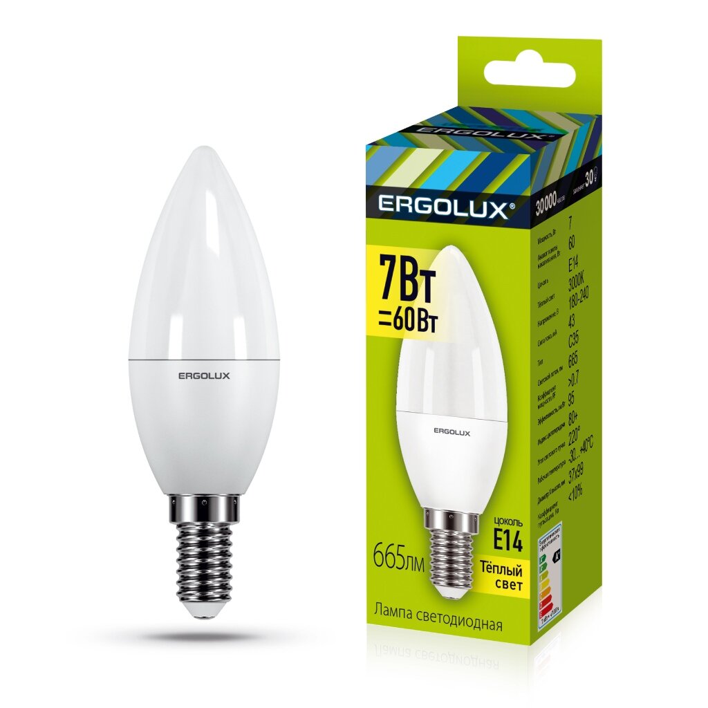 Лампа светодиодная E14, 7 Вт, 60 Вт, 220 В, свеча, 3000 К, свет теплый белый, Ergolux лампа светодиодная tp link