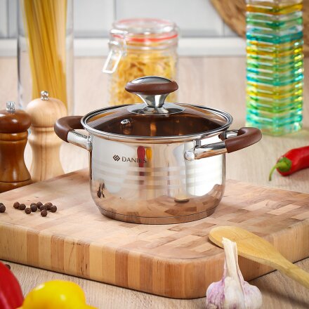 Кастрюля нержавеющая сталь, 2 л, крышка стекло, Daniks, Веллингтон, GS-01415-16CA, серебристая, индукция