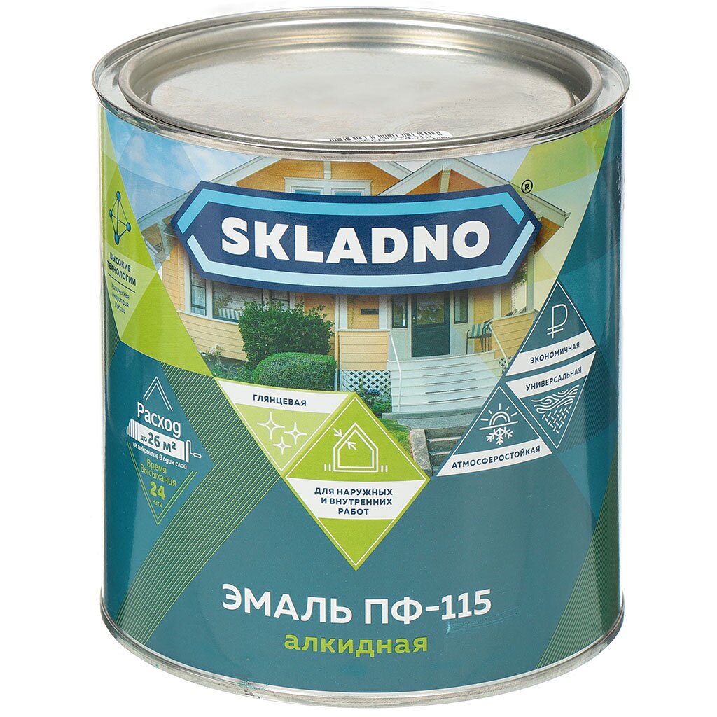 Эмаль Skladno, ПФ-115, алкидная, глянцевая, ярко-зеленая, 2.6 кг эмаль рас пф 115 глянцевая темно зеленая 1 9 кг