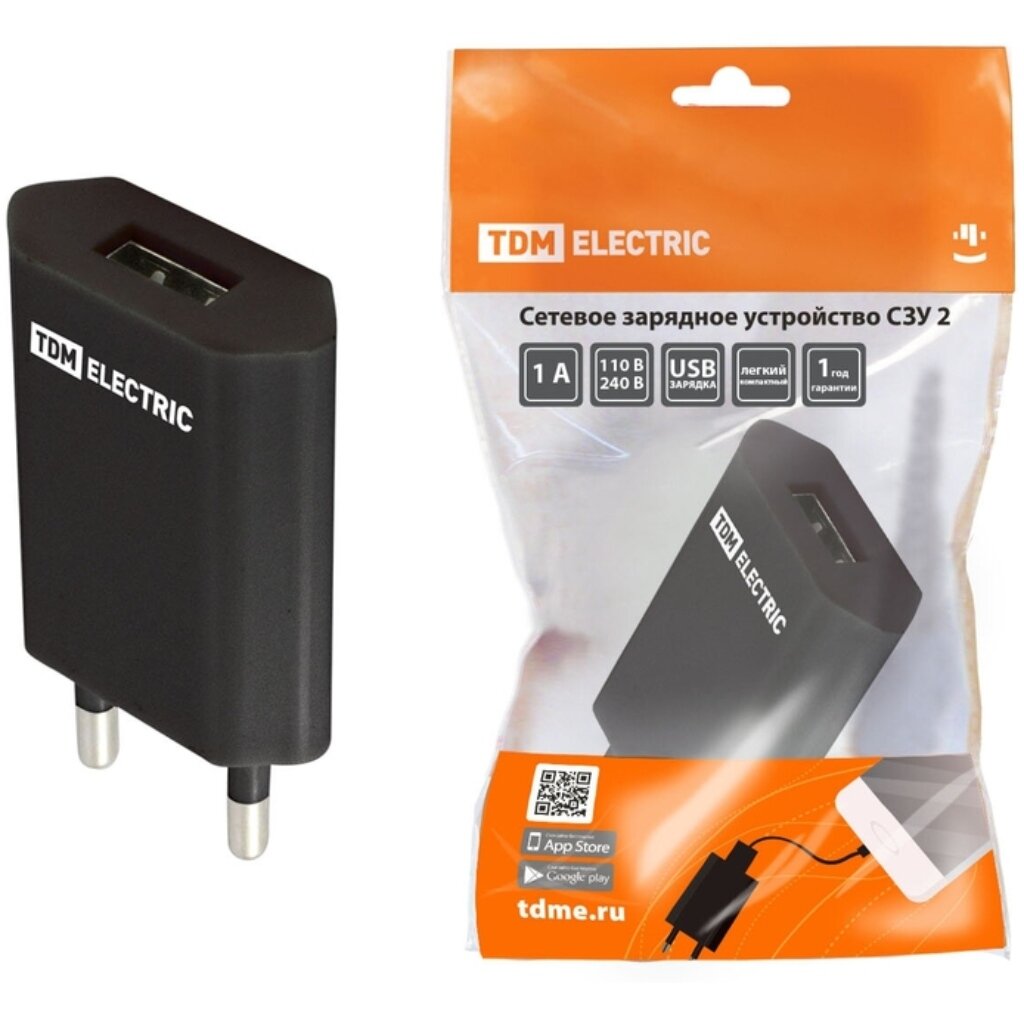 Зарядное устройство TDM Electric, СЗУ 2, 1 разъем, 1 А, черное, SQ1810-0002 сетевое зарядное устройство borofone ba52a usb 2 1 а кабель microusb 1 м чёрное