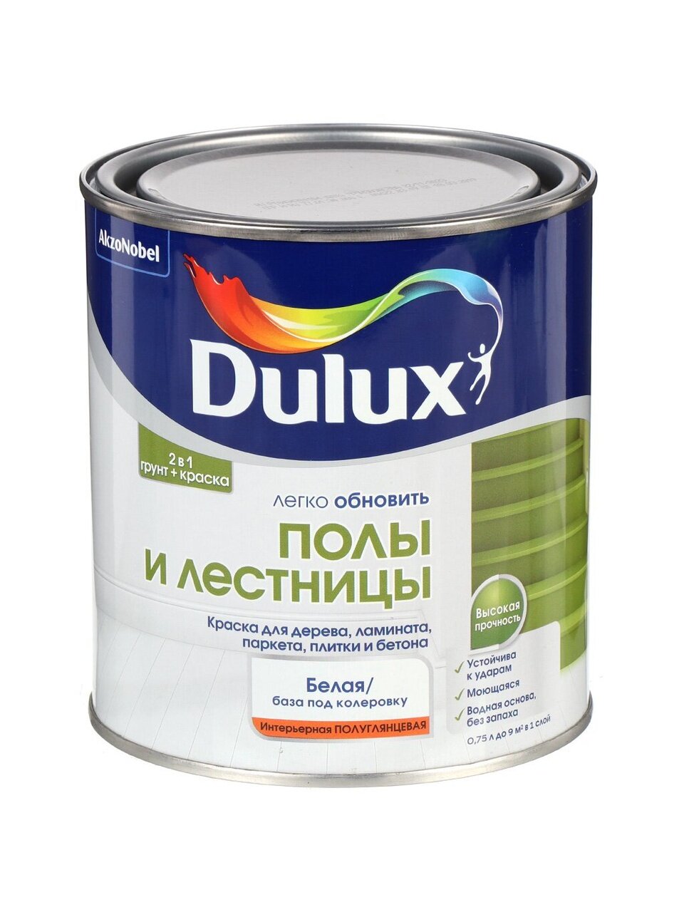 Краска водно-дисперсионная, Dulux, для дерева, ламината, паркета, плитки и бетона, полуглянцевая, 0.75 л