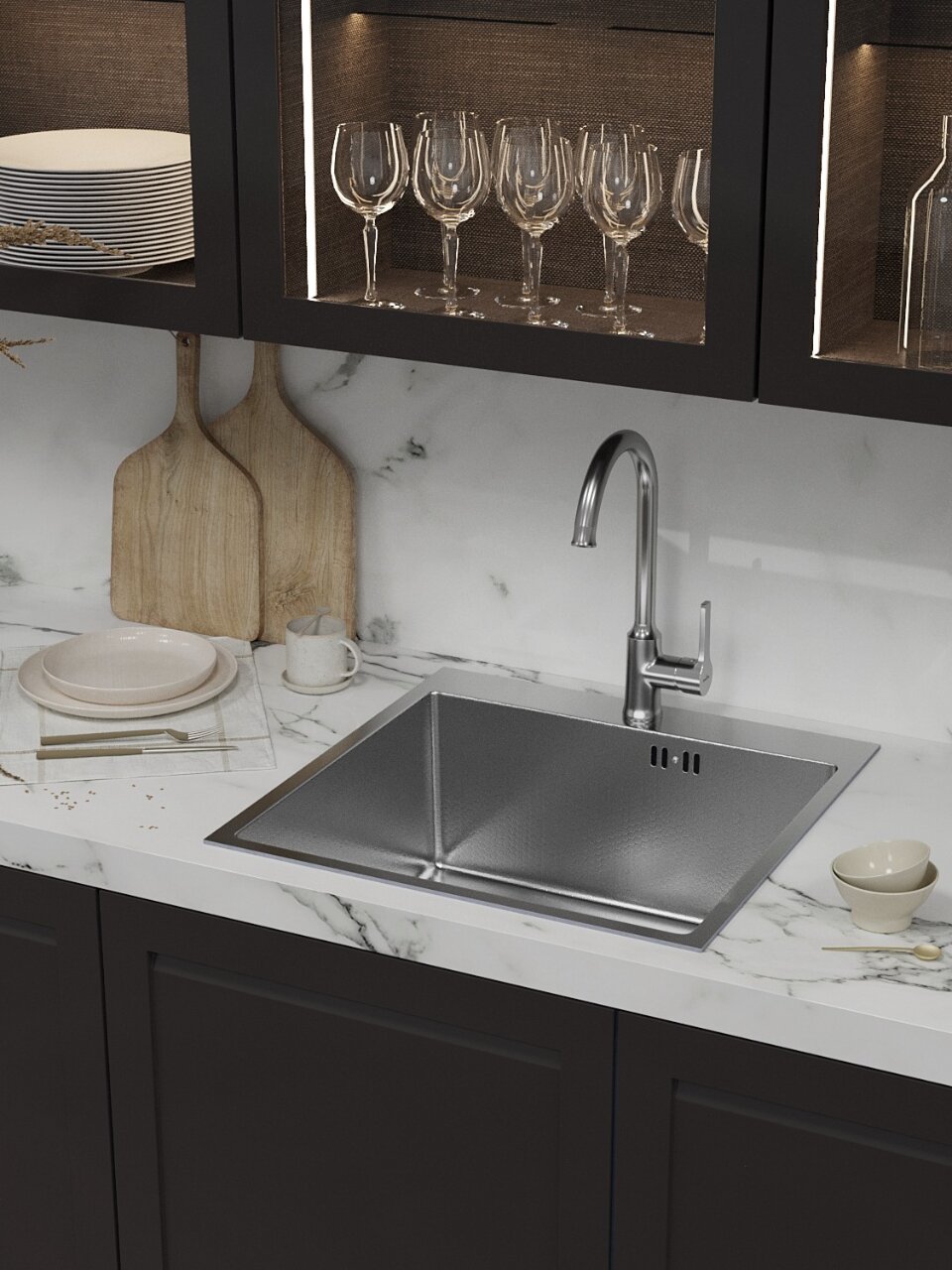 Мойка кухонная врезная, Mixline, Pro, нержавеющая сталь, 500х500х200 мм, 3 мм, выпуск 3 1/2&amp;quot;, с сифоном, Нано декор, сатин