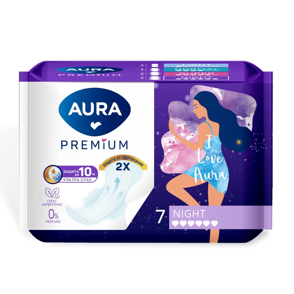 Прокладки женские Aura, Premium Night, ночные, 7 шт, 13123 прокладки женские ola silk sense classic ночные 7 шт 0053