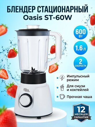 Блендер стационарный 600 Вт, 2 скорости, чаша 1.6 л, Oasis, ST-60W, белый