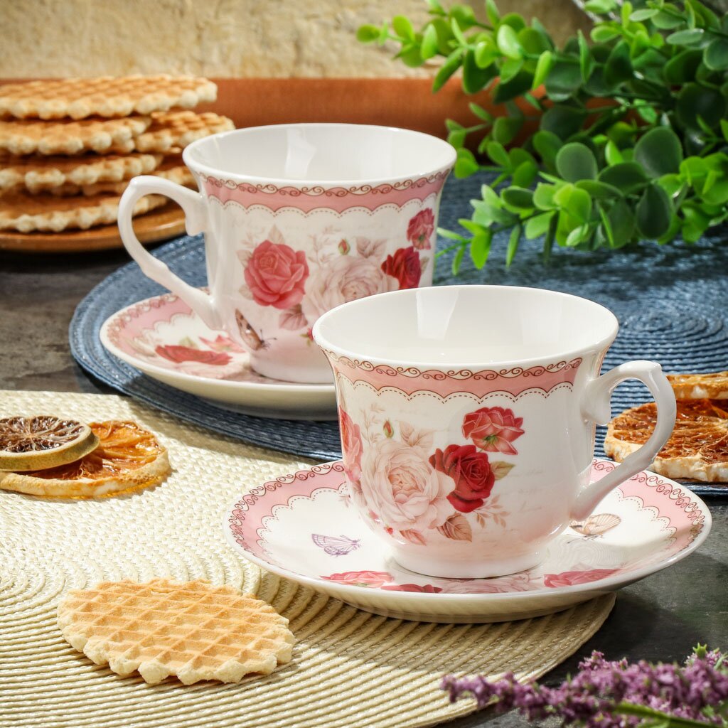 Набор чайный керамика, 4 предмета, на 2 персоны, 220 мл, Розовое поле, Y6-10235, подарочная упаковка