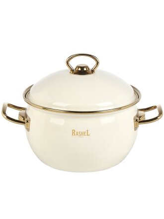 Кастрюля эмалированная сталь, 3 л, крышка сталь, ручки золотые, RasheL, R1618, кремовая, индукция