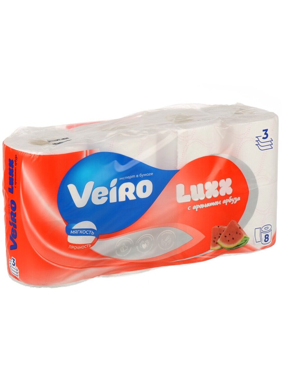 Туалетная бумага Veiro, Luxx, Арбуз, 3 слоя, 8 шт, 16.5 м, с втулкой