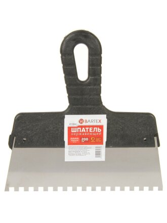 Шпатель нержавеющая сталь, 200 мм, зубчатый, зуб 6х6, рукоятка пластик, Bartex