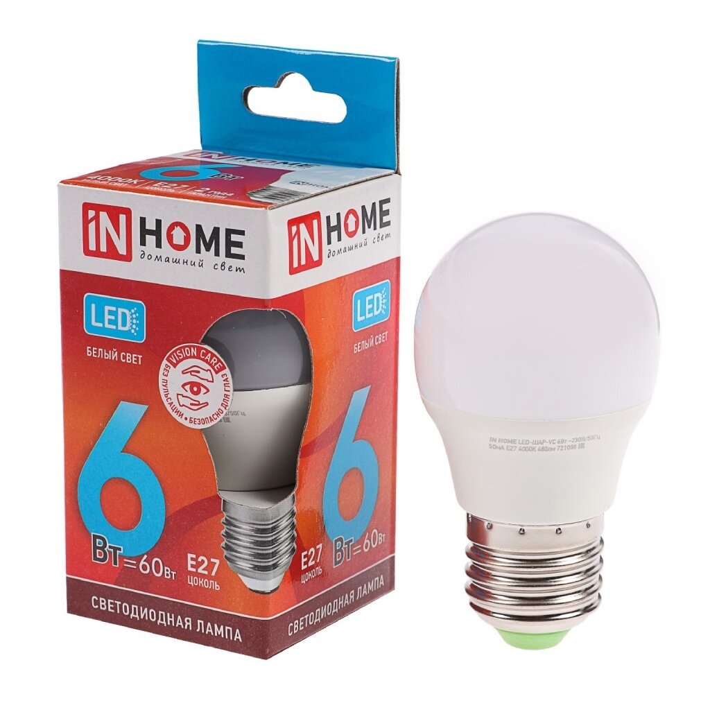 Лампа светодиодная E27, 6 Вт, 60 Вт, 230 В, шар, 4000 К, свет белый, In Home, LED-ШАР-VC