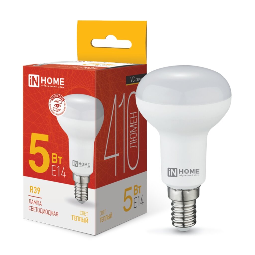 Лампа светодиодная E14, 5 Вт, 40 Вт, 230 В, рефлектор, 3000 К, свет теплый белый, In Home, LED-R39-VC