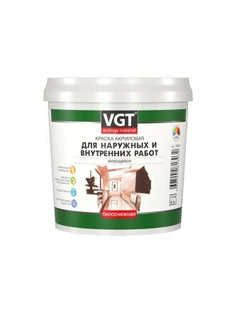 Краска водно-дисперсионная, VGT, акриловая, универсальная, моющаяся, влагостойкая, матовая, белоснежная, 1.5 кг