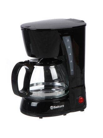 Кофеварка электрическая, капельная, пластик, 0.6 л, Sakura, SA-6107BK, 650 Вт, 5 порций, пластиковая ручка, 550-650 Вт, черная, SA-6107BK