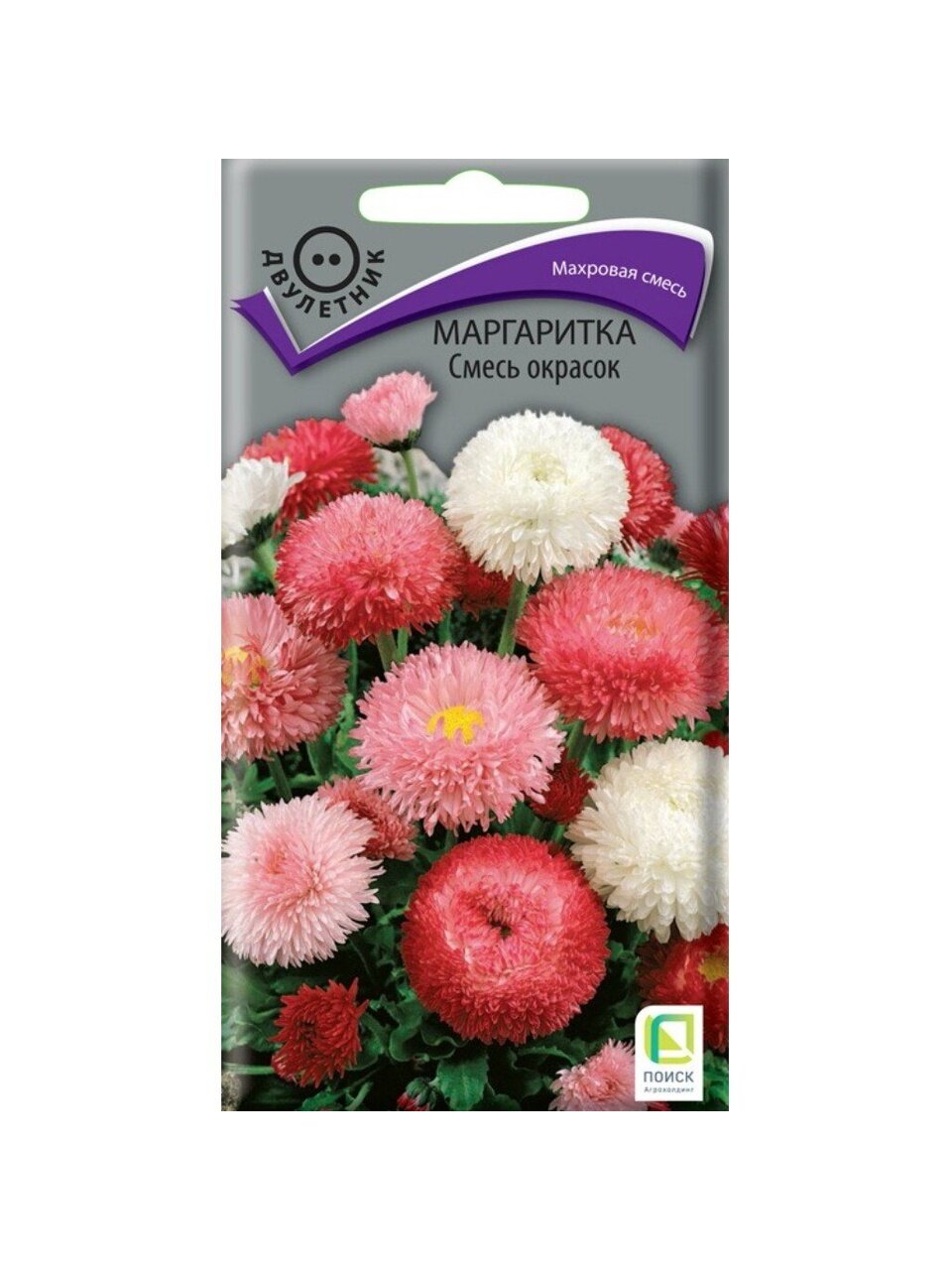 Семена Цветы, Маргаритка, Смесь окрасок, 0.1 г, цветная упаковка, Поиск