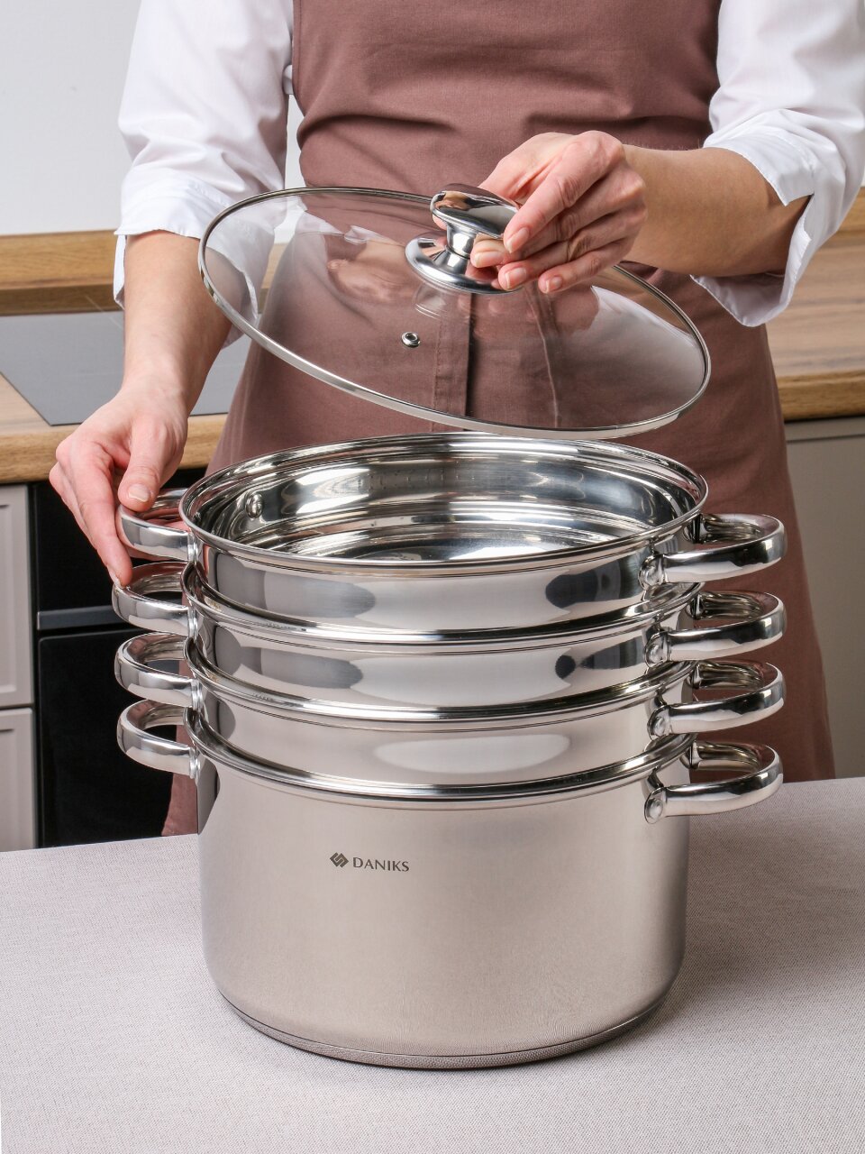 Мантоварка нержавеющая сталь, 26 см, 7 л, 4 секции, Daniks, крышка стекло, индукция, металлические ручки, глянец, SD-S26-4