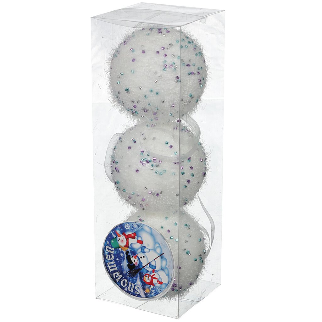 Елочный шар Snowmen, Снежок с разноцветными бусинами, 3 шт, 8 см, в ПВХ упаковке, Е94720