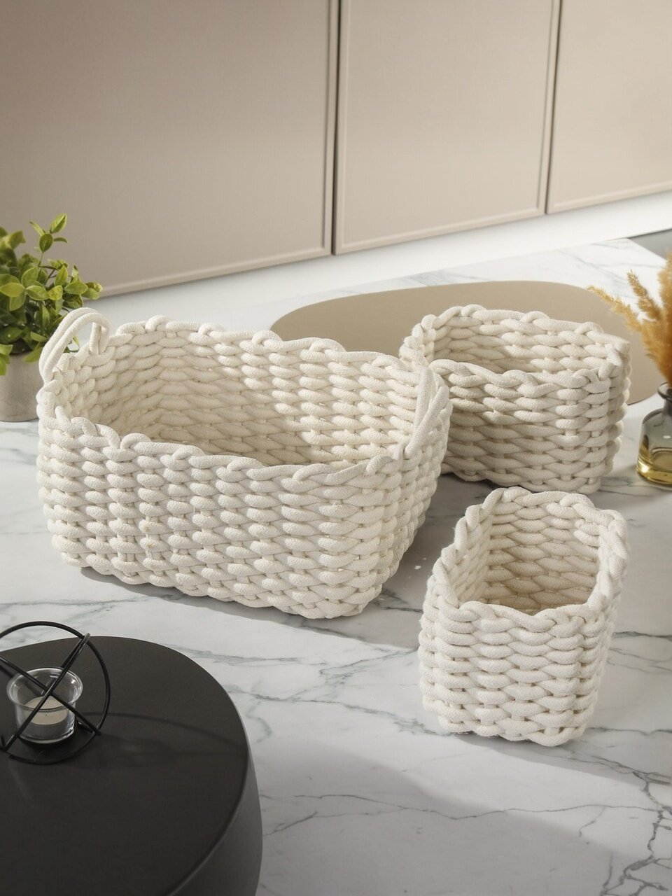 Набор плетеных корзин 3 шт, прямоугольный, плетеный, хлопок, бежевый, 34х28х15 см, 21х14х13 см, МП, Y4-8933