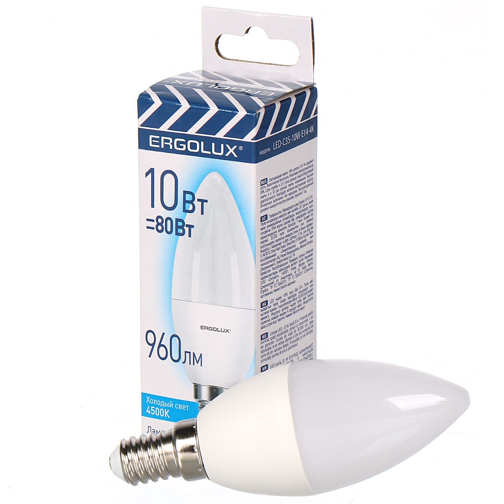 Лампа светодиодная E14, 10 Вт, 80 Вт, свеча, 4500 К, свет холодный белый, Ergolux лампа светодиодная gu5 3 7 вт 60 вт 220 в рефлектор 4500 к свет холодный белый ergolux