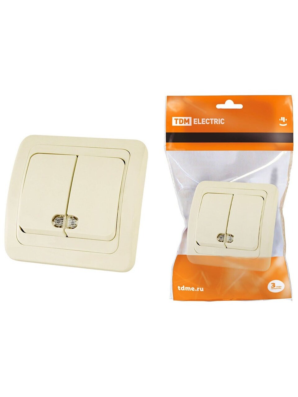 Выключатель скрытой установки, двухклавишный, без заземления, 10 А, подсветка, слоновая кость, TDM Electric, Валдай, SQ1804-0106