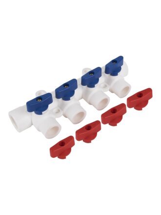 Коллектор полипропилен, d32х20 мм, 4 выхода, с кранами, белый, РосТурПласт