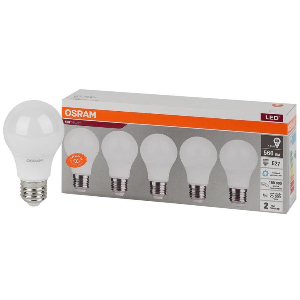 Лампа светодиодная LED Value LVCLA60 7SW/865 230В E27 2х5 RU (уп.5шт) OSRAM 4058075577688