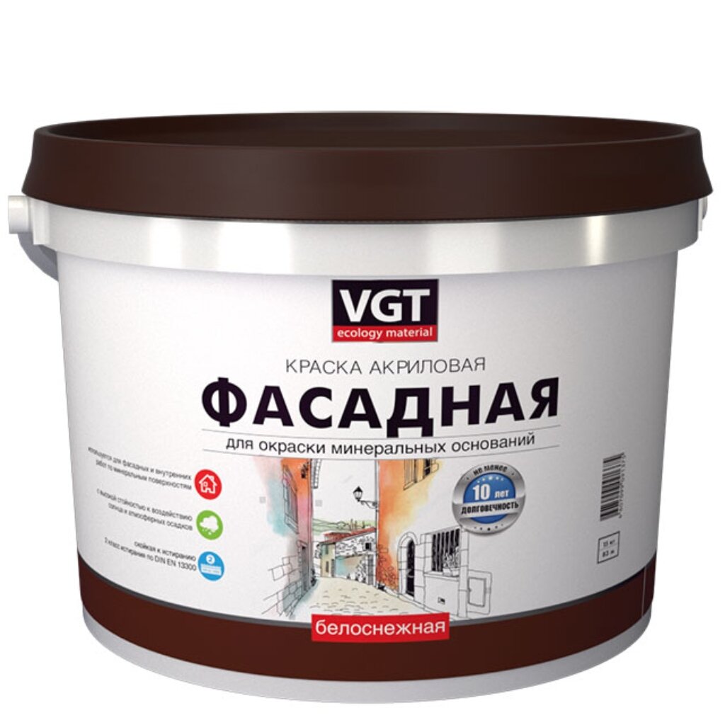 Краска воднодисперсионная, VGT, ВД-АК-1180, акриловая, фасадная, матовая, белоснежная, 25 кг