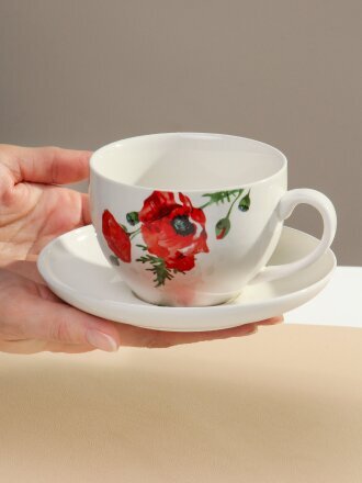 Набор чайный керамика, 2 предмета, на 1 персону, 280 мл, Daniks, Алый мак, подарочная упаковка