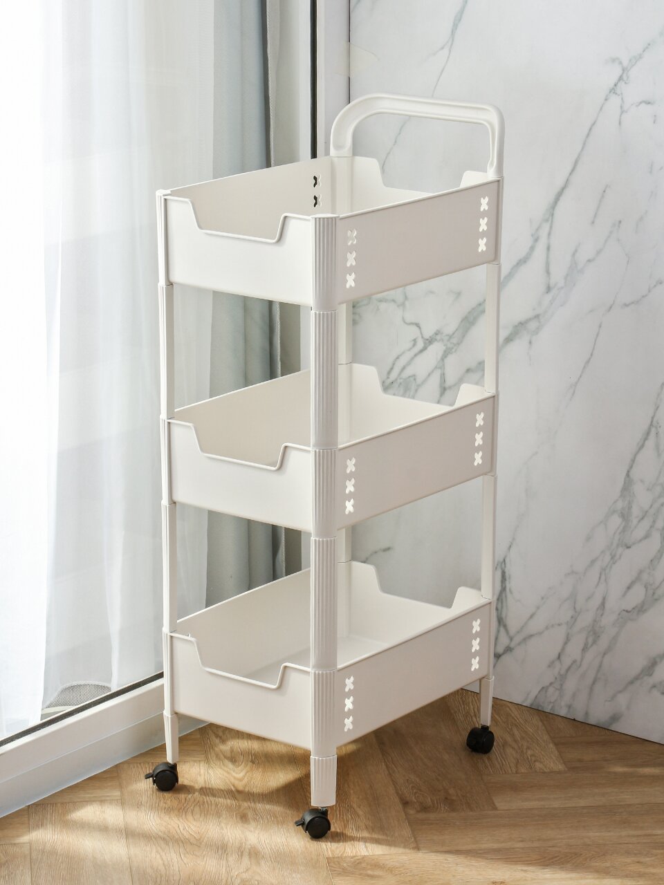 Полка универсальная, пластик, 3 секции, 41х30х83 см, на колесах, белая, Y4-11642