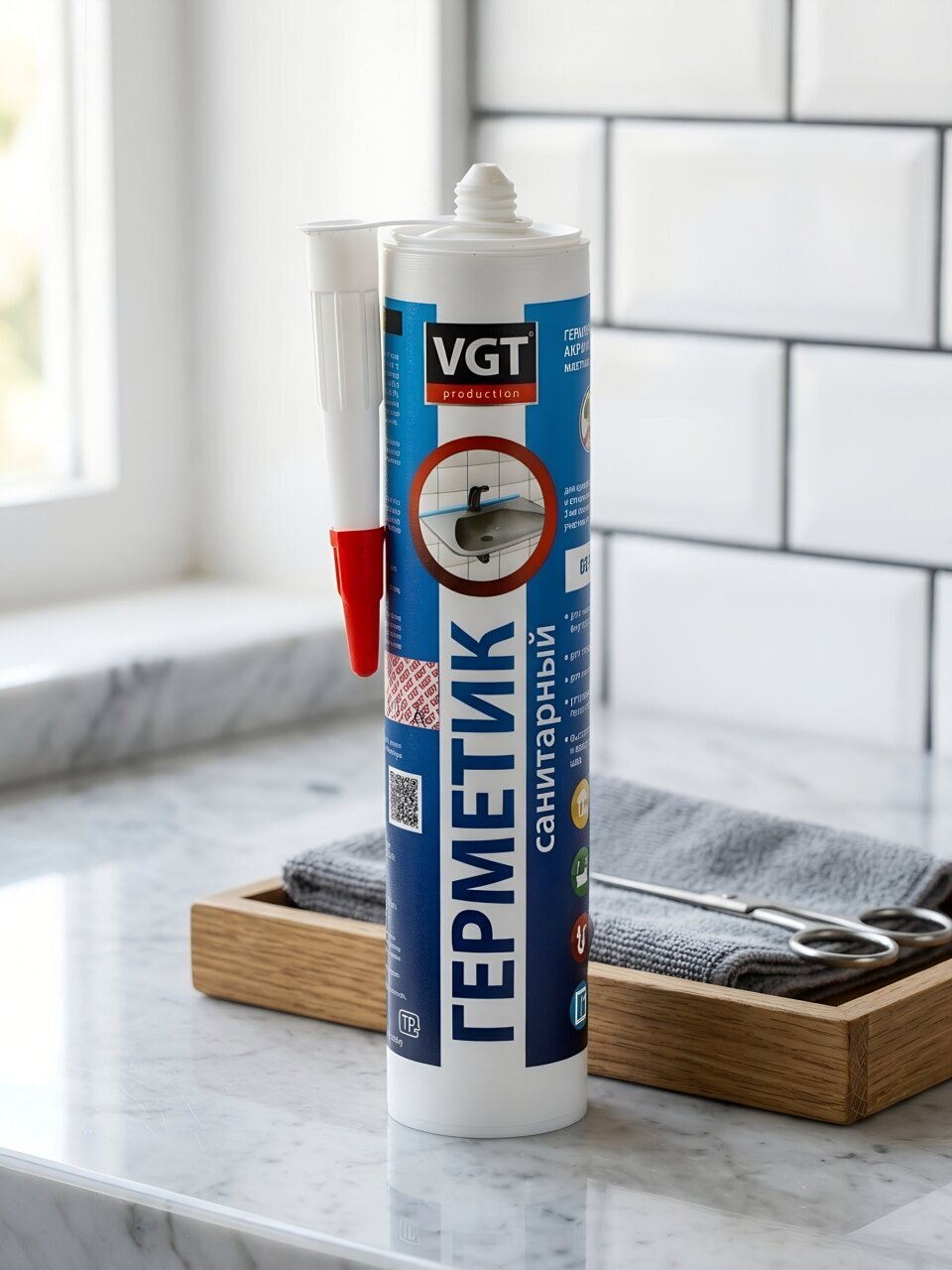Герметик акриловый, санитарный, VGT, 400 г, белый