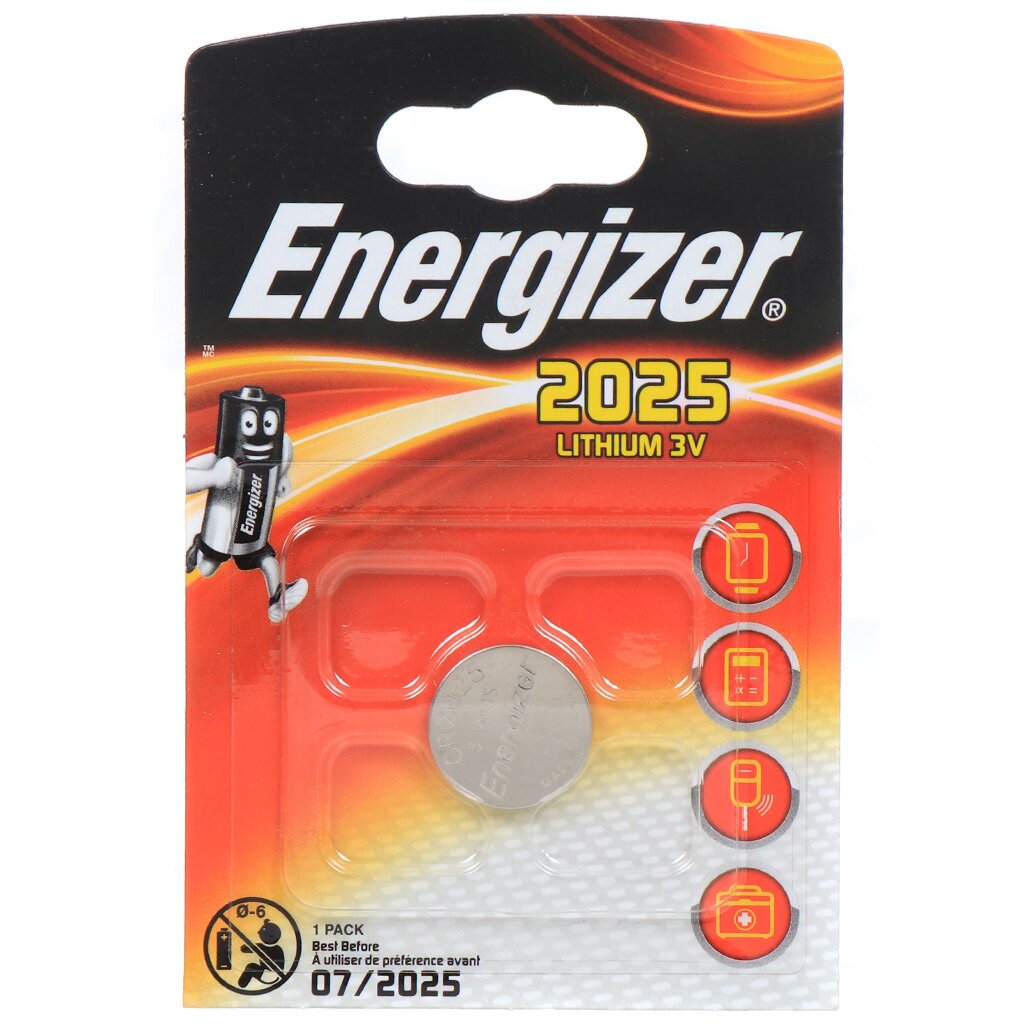 Батарейка Energizer, CR2025, Lithium, литиевая, 3 В, блистер